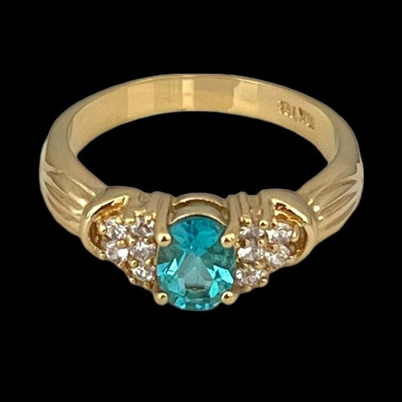 Vintage Ring Size 9 Blue Cubic Zirconia Crystal 18K Gold Plate Mid-Century 14E - Picture 10 of 15